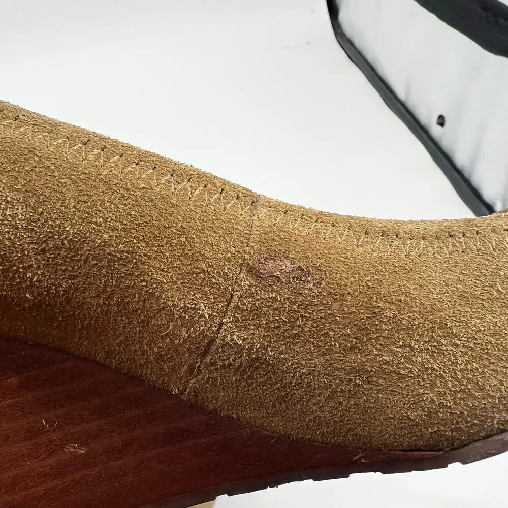 Tory Burch Sophie Olive Brown Suede Leather Logo Wedge Pumps classic Size 10.5